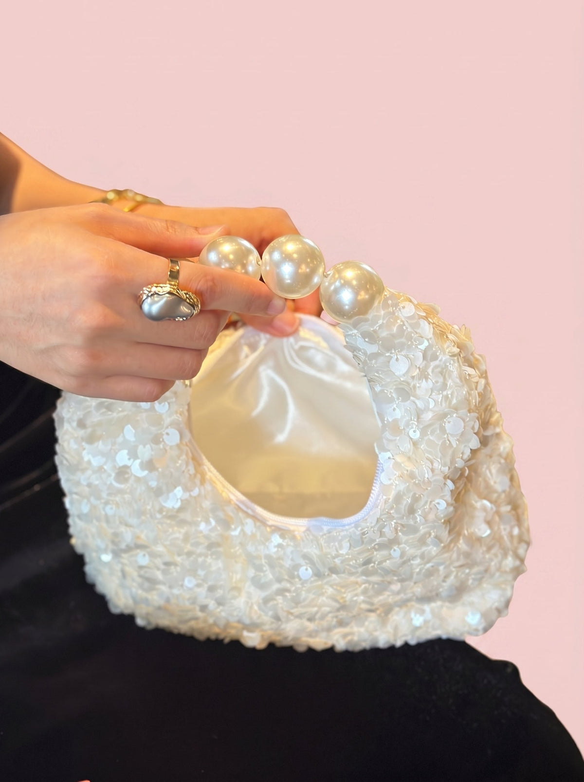 Pearl Handle Sequin Bag